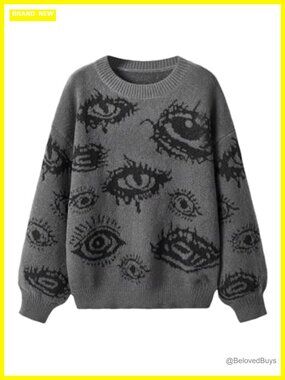 Plus Size Grunge Punk Graphic Print Long Sleeve Pullover Sweater Top